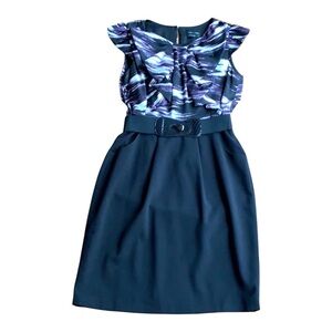 MaxAndCleo Formal Dark Blue Short Ruffle Sleeves Belted Dress, 4